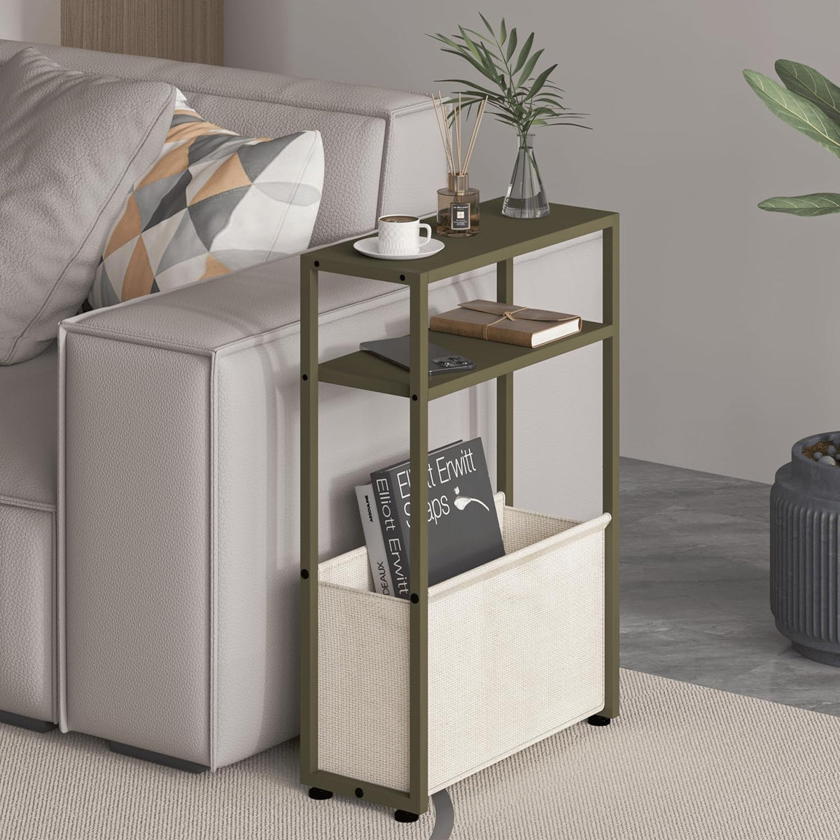 Narrow Side Table, Slim End Tables with Fabric Basket, Skinny Table for Small Spaces, Thin Bedside