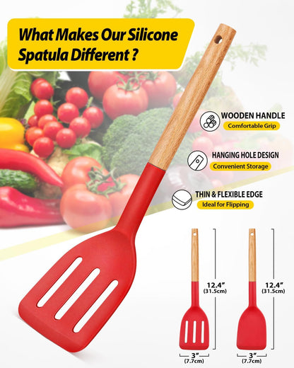 Pack of 2 Silicone Cooking Spatula, Heat Resistant Solid Turner, Non Stick Slotted Spatulas with