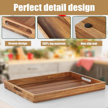 Acacia Wood Serving Tray with Handles - 17-Inch Large Wooden Tray for Ottoman - Perfect for