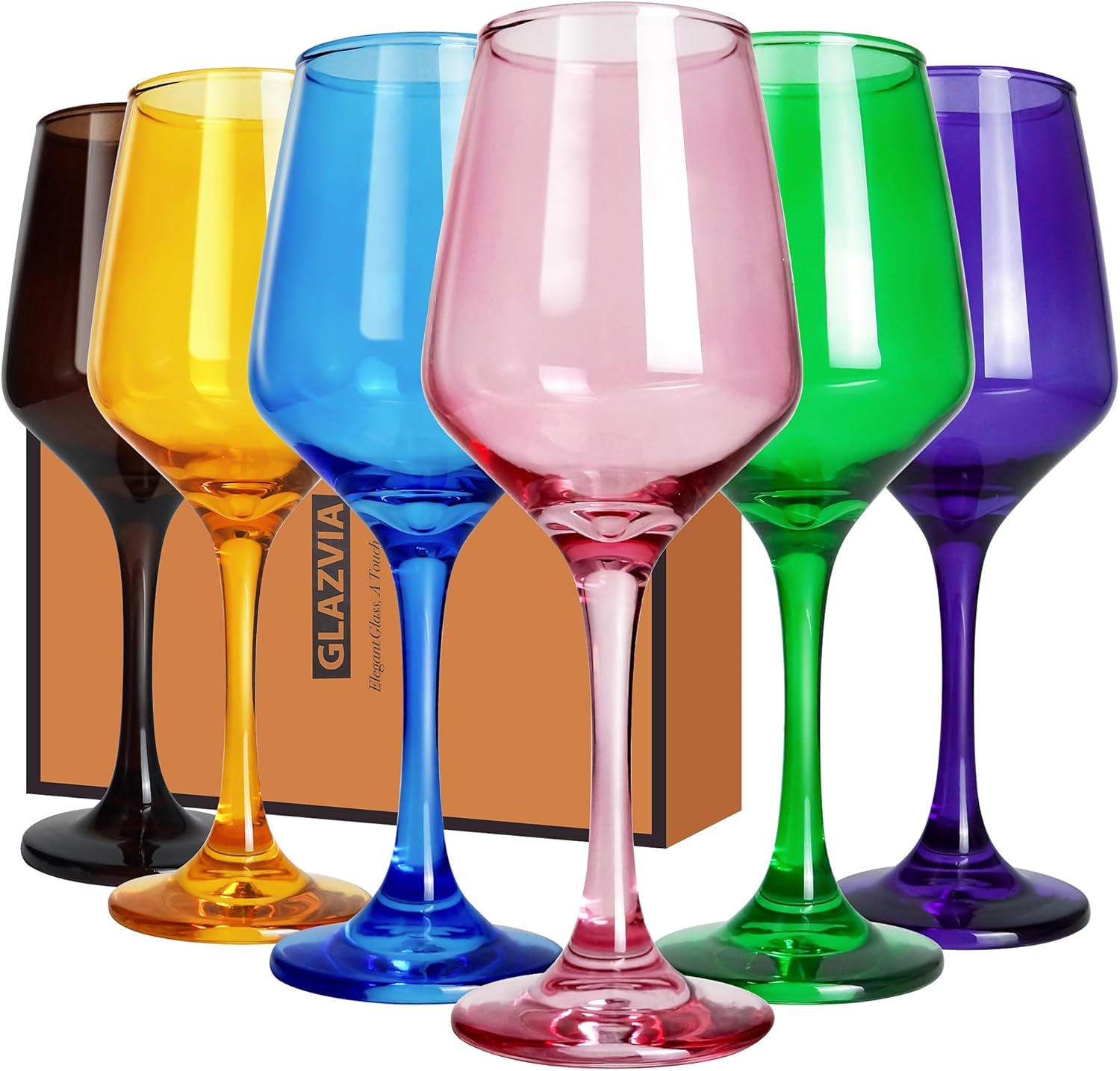 Colored Wine Glasses Set of 6-14oz Colorful Long Stem Wine Glass, Multi Color Pretty Crystal