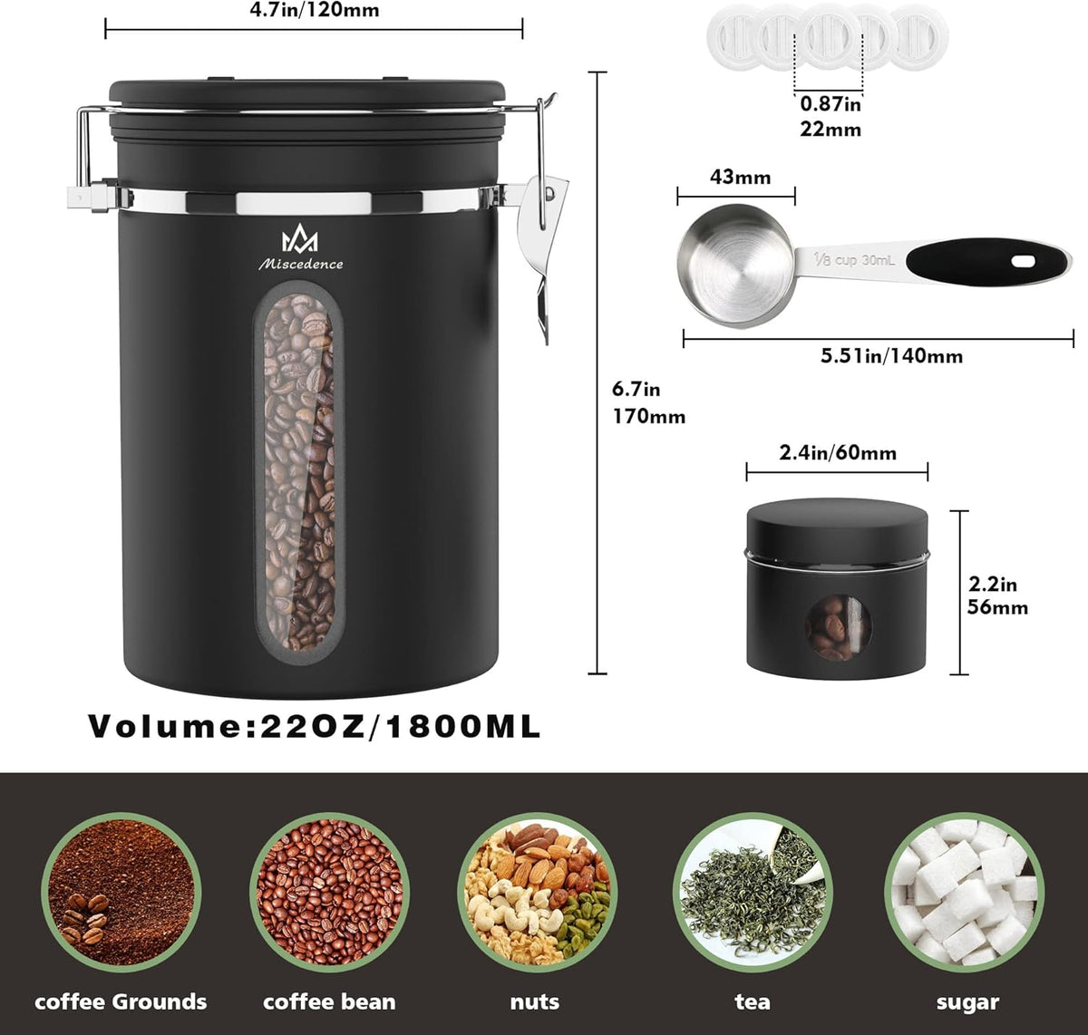 Coffee Canister for ground coffee with Transparent Window,Date Tracker CO2 Valve 304 Stainless