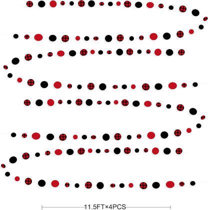 46Ft Buffalo Plaid Polka Dot Garlands Black Red Checkered Paper Circle Dot Streamer Banner for Baby