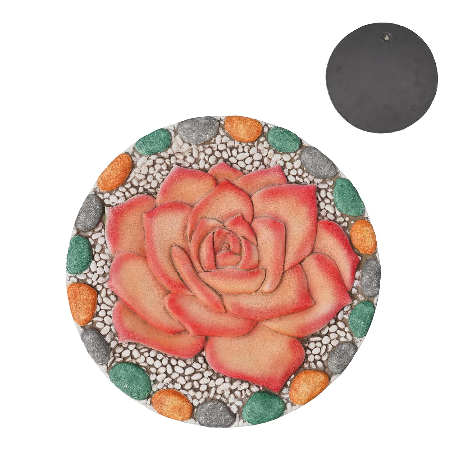 Decorative Rose Garden Stepping Stone - Stepping Stones Outdoor with Colorful Pebble Border, 10x10