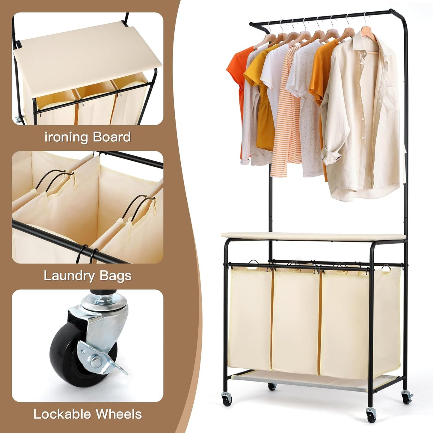 MYOYAY 3 Section Laundry Sorter with Garment Hanging Bar Rack Foldable Ironing Board, Laundry
