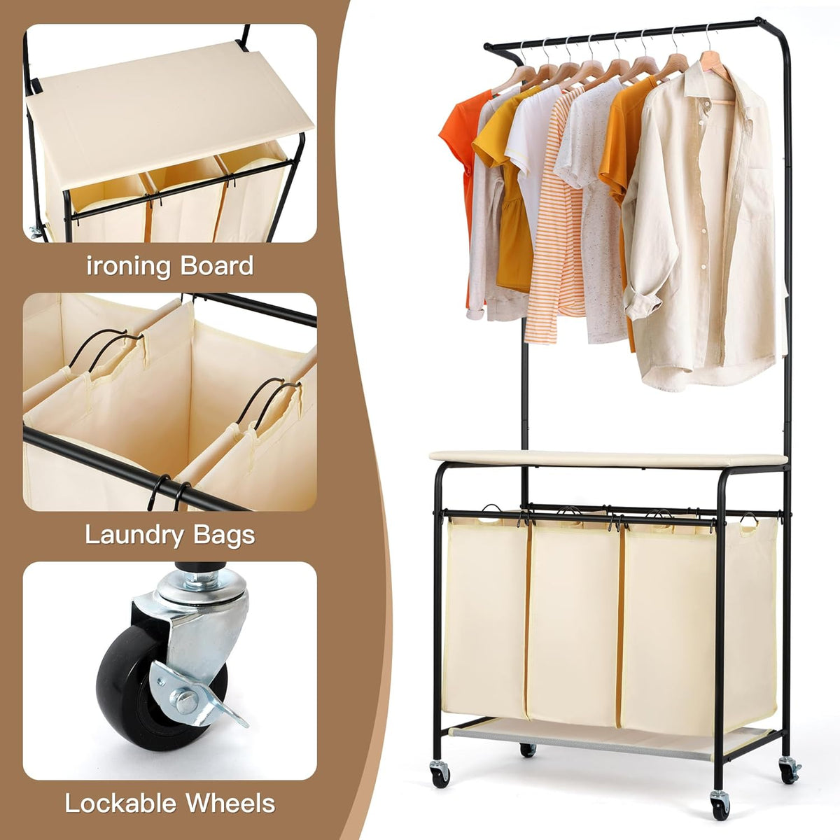 MYOYAY 3 Section Laundry Sorter with Garment Hanging Bar Rack Foldable Ironing Board, Laundry