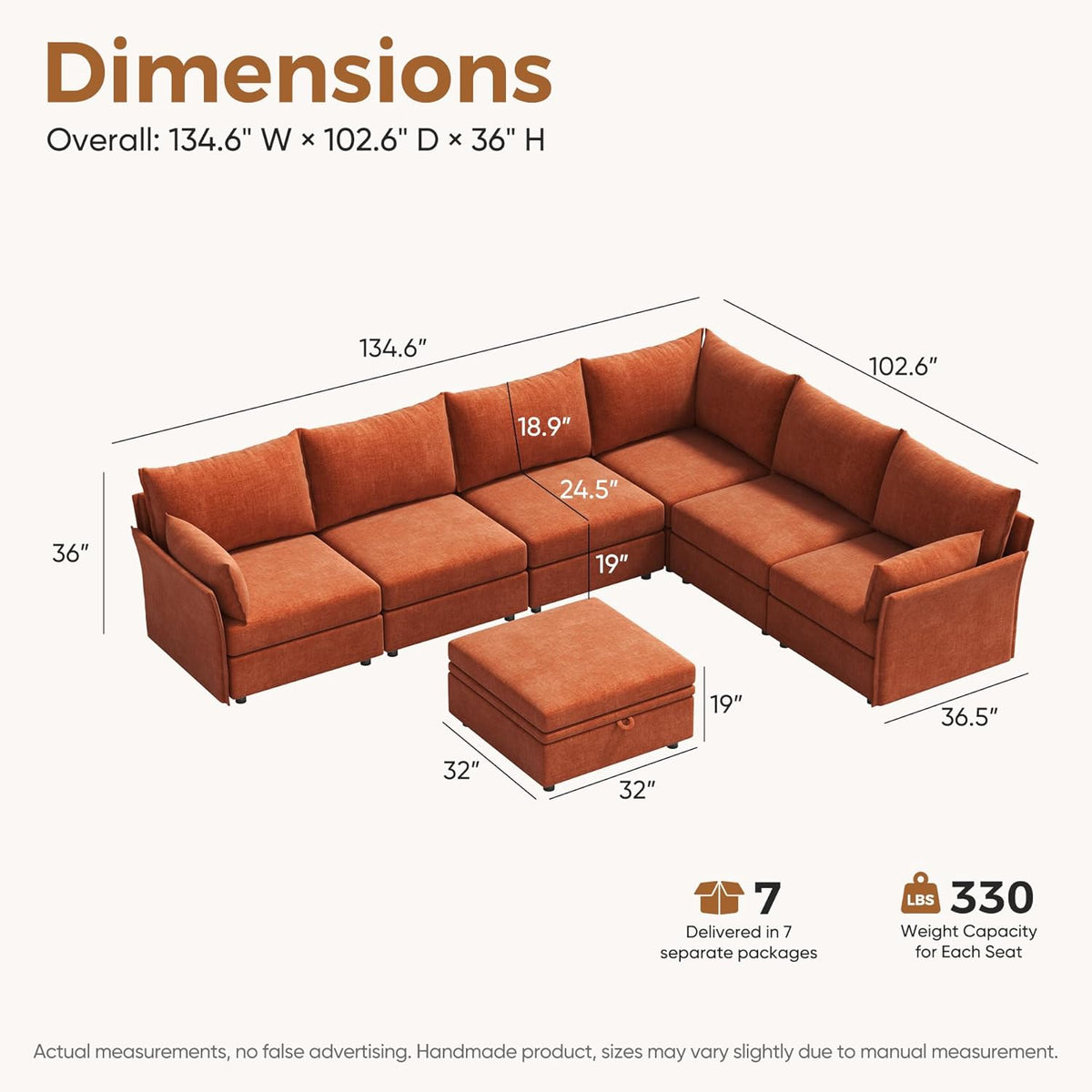 136.4" Oversized Modular Sectional Sofa, L Shaped Convertible Couch with Movable Ottoman, Large 7