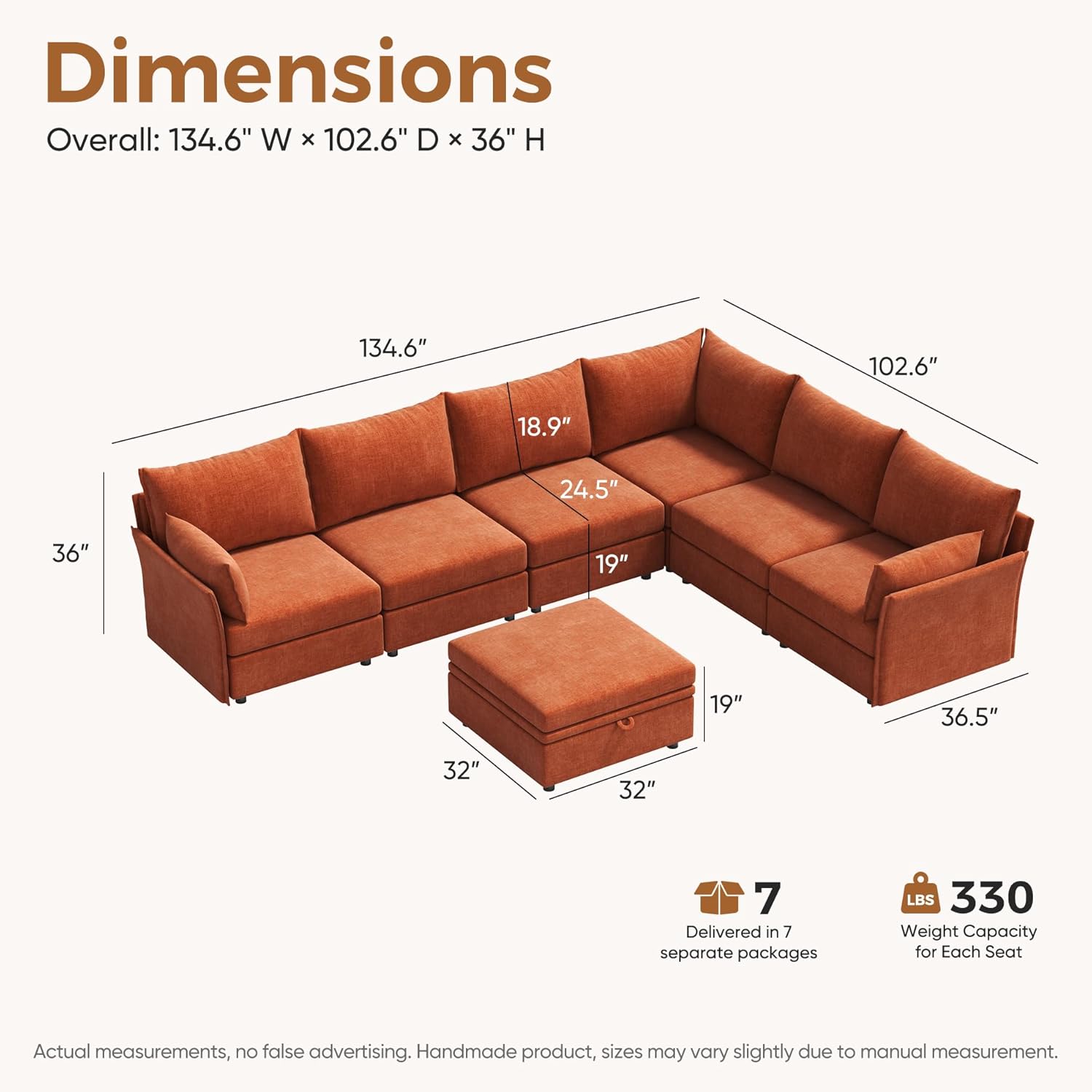 136.4" Oversized Modular Sectional Sofa, L Shaped Convertible Couch with Movable Ottoman, Large 7