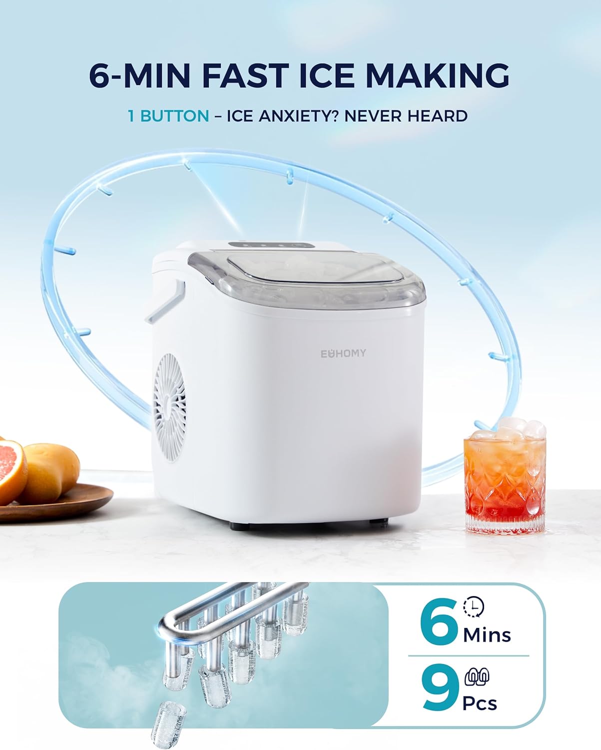 EUHOMY Countertop Ice Maker Machine with Handle, 26lbs Per Day, 9 Ice Cubes Ready in 6 Mins