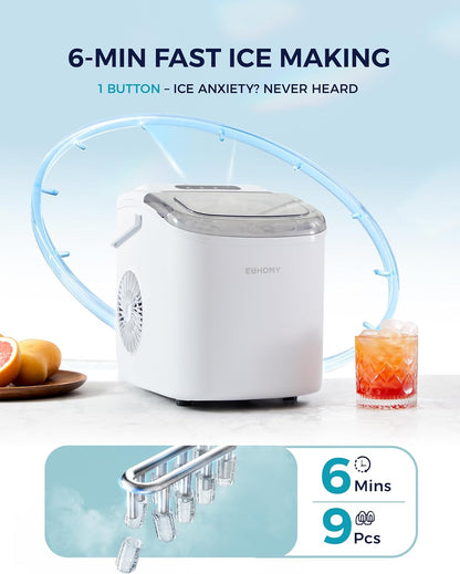 EUHOMY Countertop Ice Maker Machine with Handle, 26lbs Per Day, 9 Ice Cubes Ready in 6 Mins
