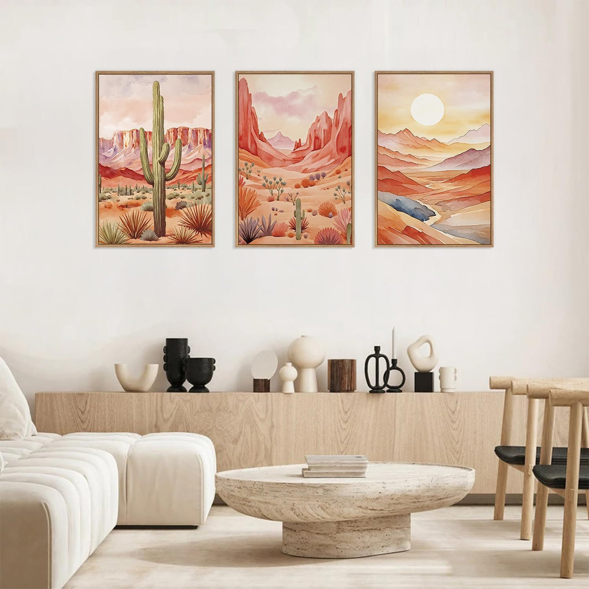 HLNIUC Boho Desert Plant Framed Canvas Wall Art Set,Southwestern Sun Mountain Wall Decor,Cactus
