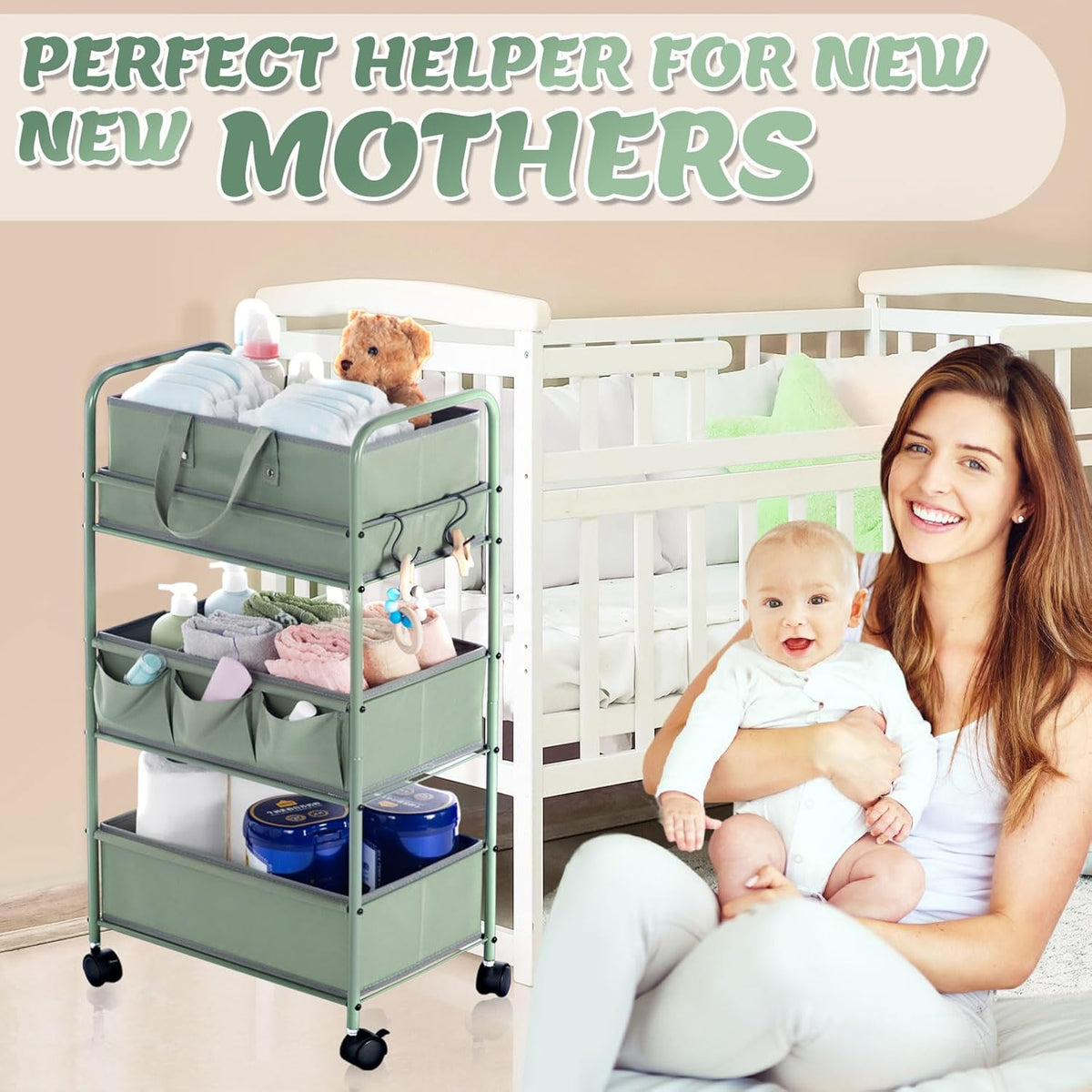 Honeydak 2in1 Baby Diaper Caddy Organizer Cart 3 Tier Large Capacity Metal Utility Bedside Rolling