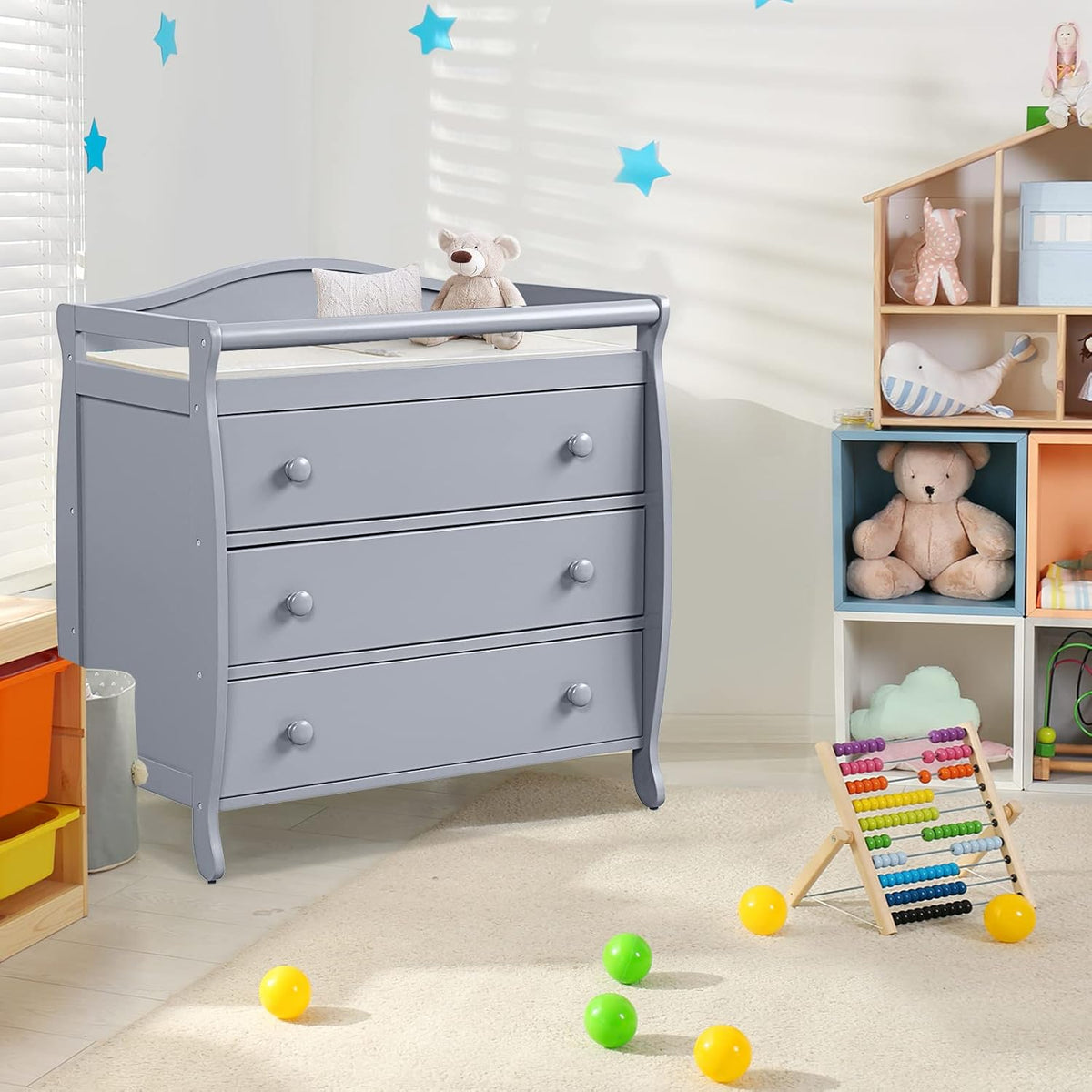 Costzon 3-Drawer Changing Table, Infant Diaper Changing Station with Drawers, Safety Rails & Strap