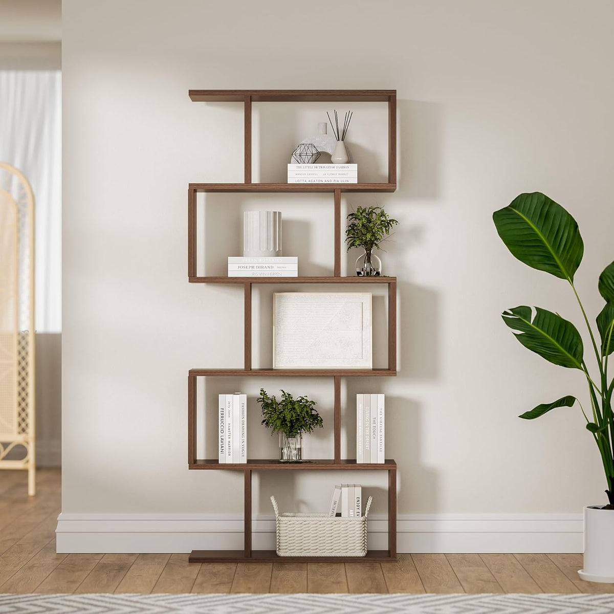 Brown 5-Tier Geometric Bookcase, S-Shaped Modern Bookshelf Set of 2, 62.6" Tall Room Divider Book