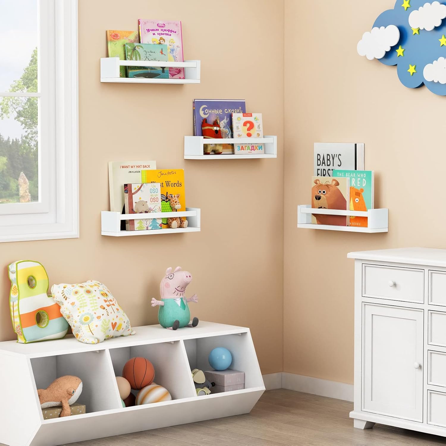 Forbena Floating Nursery Book Shelves for Wall Set of 4, White Wall Bookshelf for Kids Room, Small