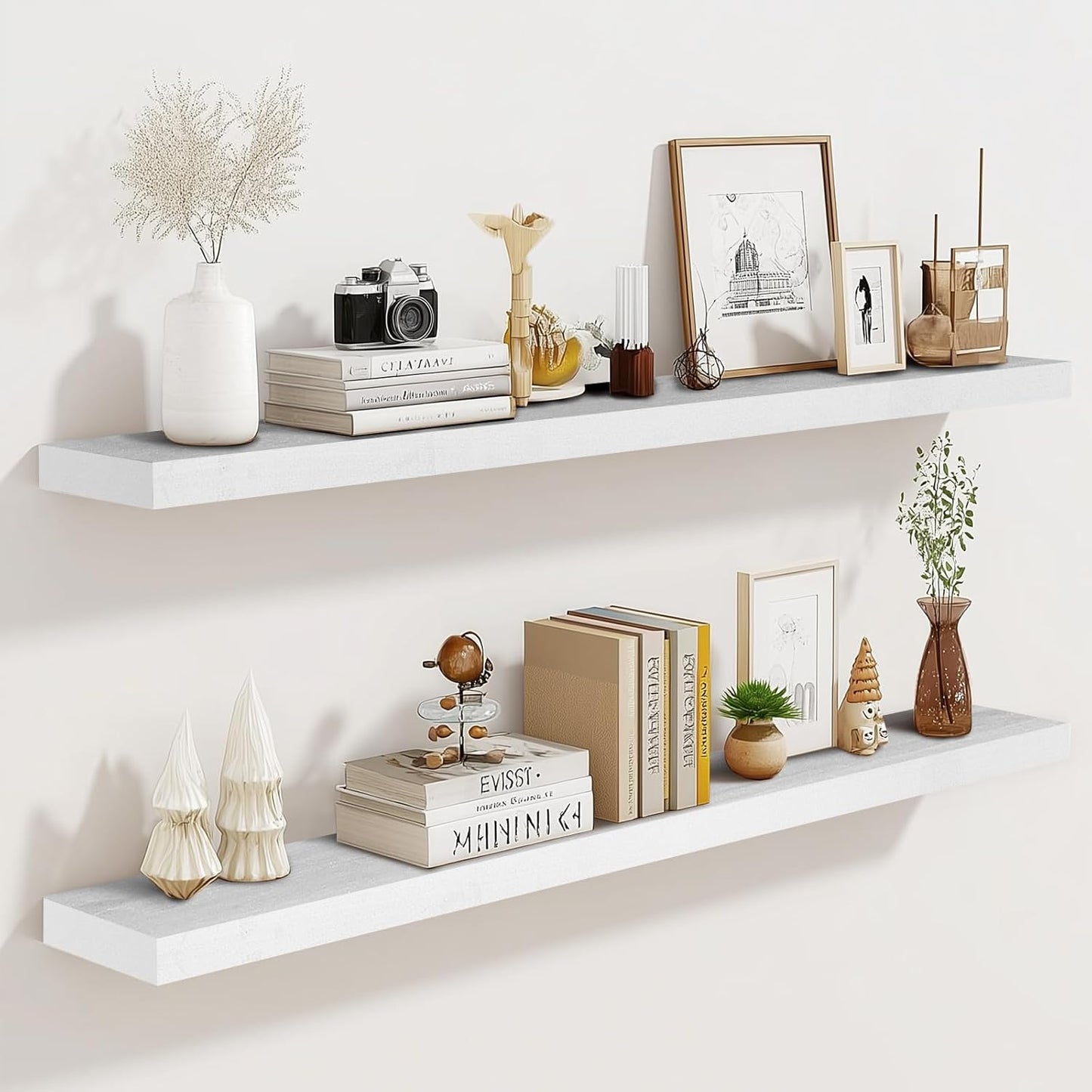 36"x6.8"x1.2" Solid Wood Floating Shelves 2-Pack - Rustic White Finish with Hidden Brackets