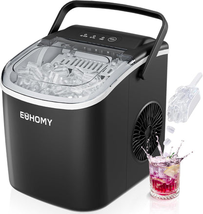 EUHOMY Countertop Ice Maker Machine with Handle, 26lbs in 24Hrs, 9 Ice Cubes Ready in 6 Mins