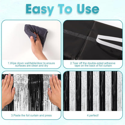 3 Pack 3.3 x 8.2 ft Black and Silver Foil Fringe Backdrop Curtains, Tinsel Streamers Party