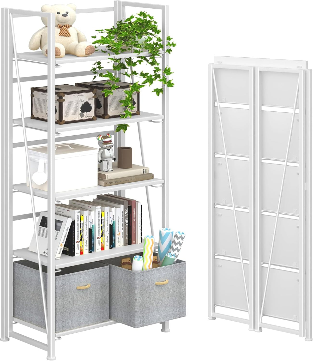 4NM No Assembly Foldable Bookshelf, 5-Shelf Collapsible Bookcase Storage for Small Spaces, 62.2" H