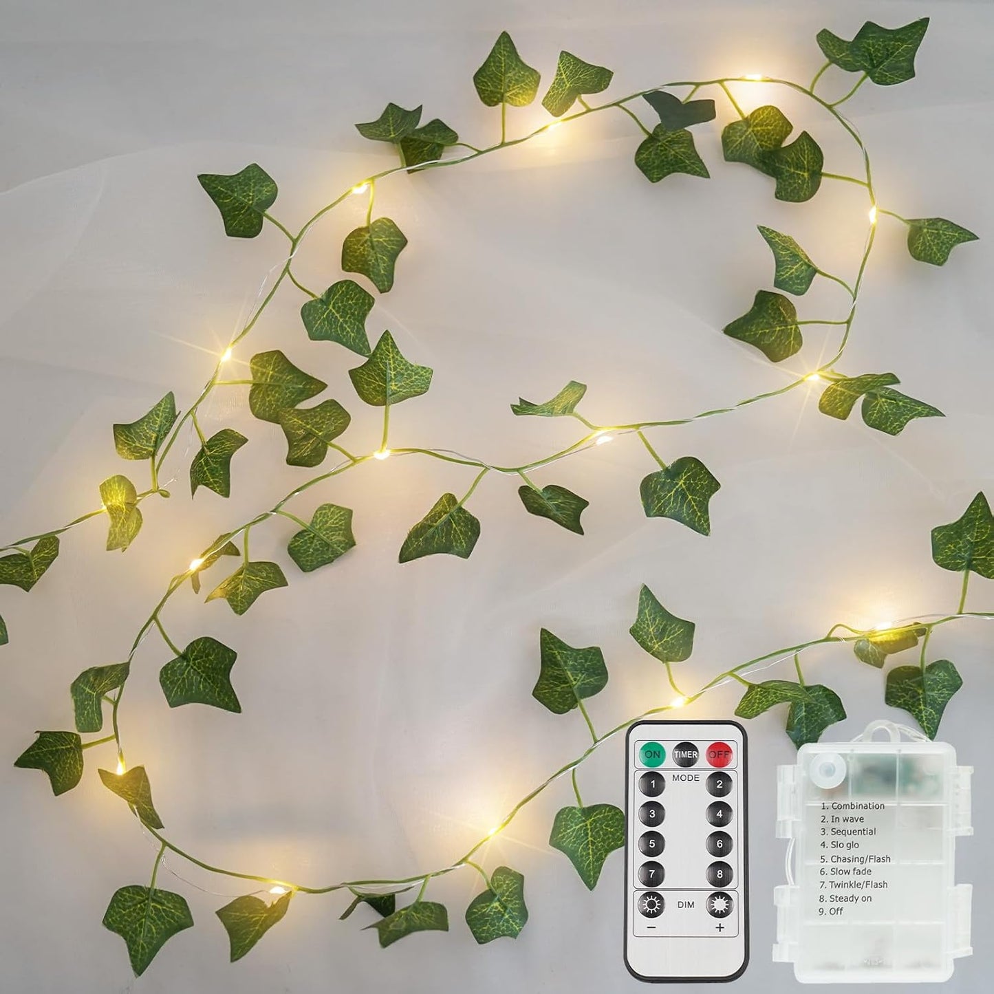 suddus Vine with Fairy Lights Battery Operated, 13.1ft 40 LED Ivy String Light with Remote, Leaf