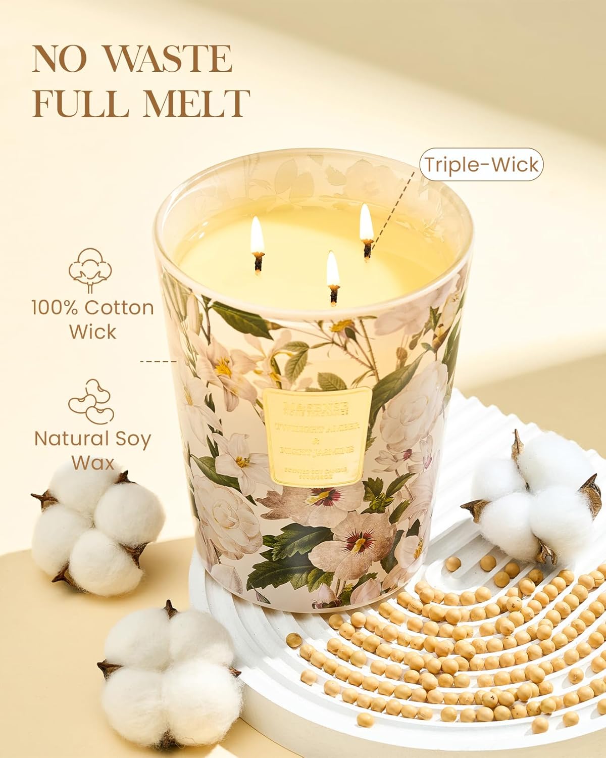 M&SENSE Amber Jasmine Scented Candle 35oz 150H Long Lasting, 3 Wick Soy Candles Aromatherapy Stress
