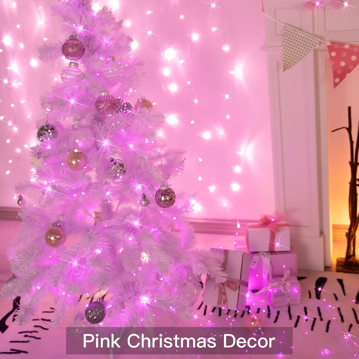 suddus Pink Christmas Fairy Lights Battery Operated Outdoor Waterproof, 66ft 200 Led String Lights