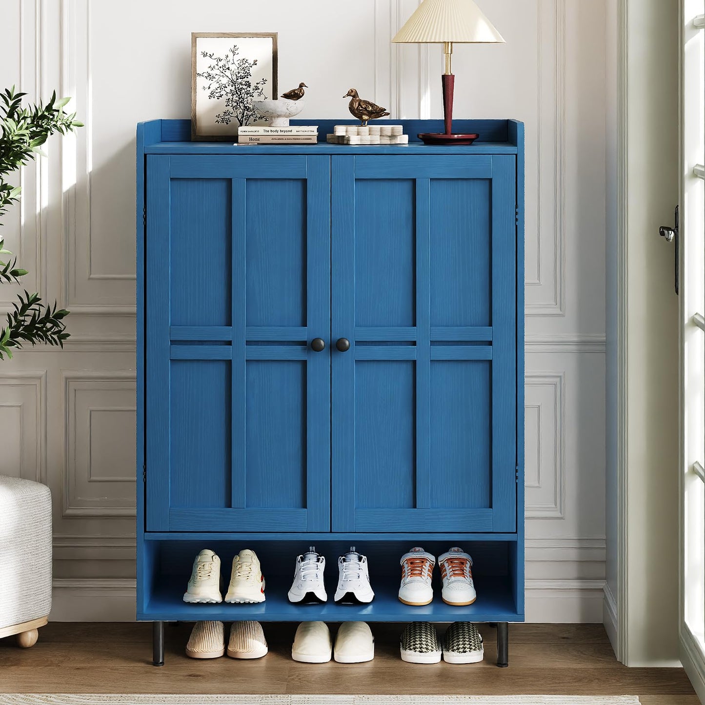 ComfyCorner Shoe Cabinet with Cross Molding Doors, 6-Tier Storage, Blue