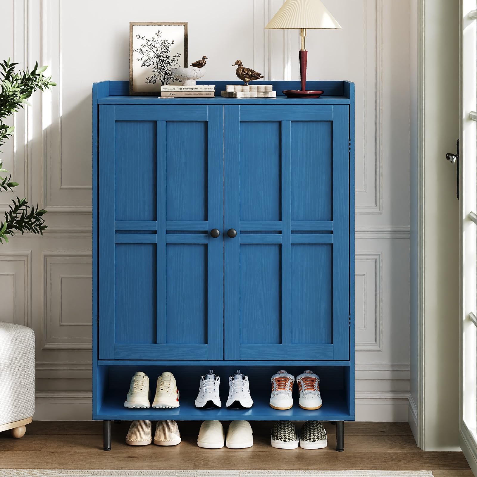 ComfyCorner Shoe Cabinet with Cross Molding Doors, 6-Tier Storage, Blue