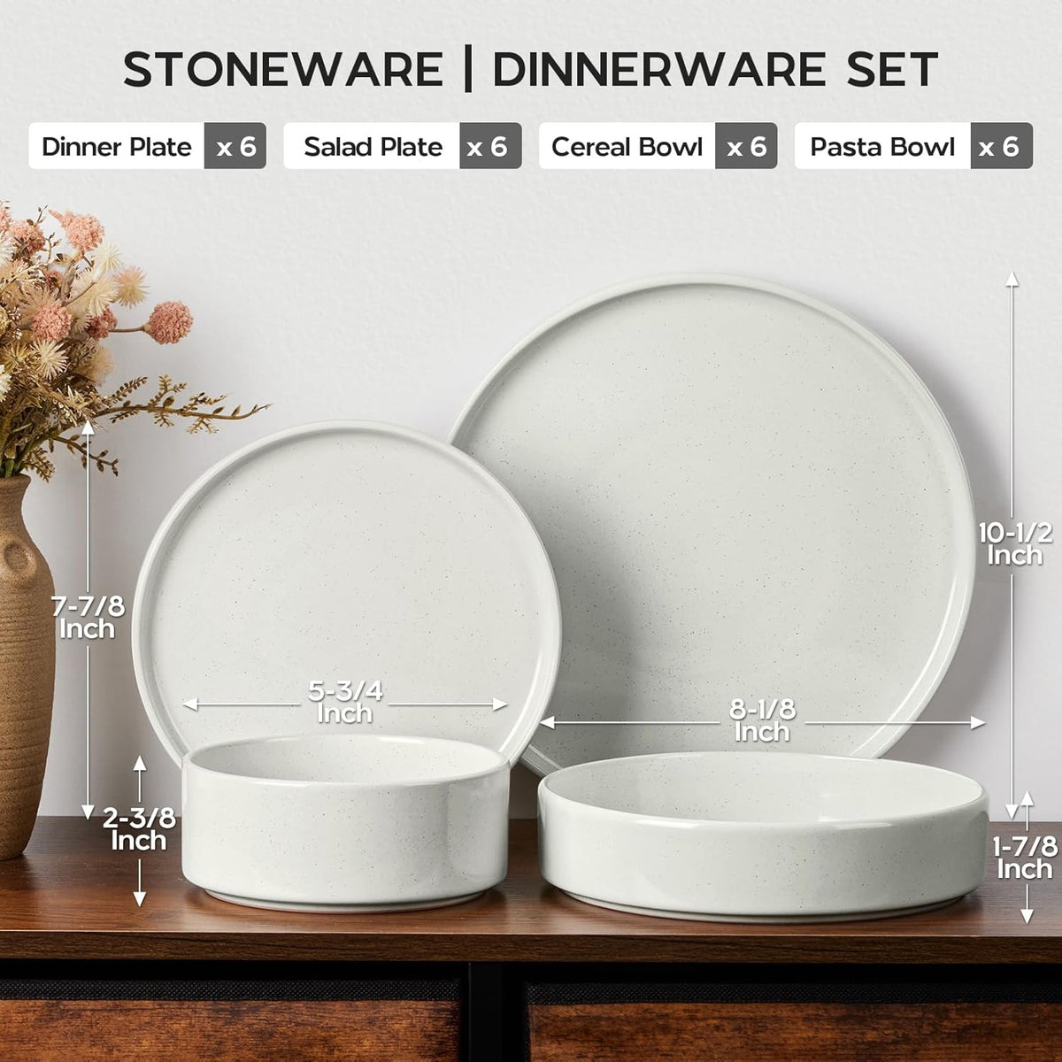 Onader 24 Piece Dinnerware Sets with Pasta Bowls for 6, Stoneware Plates and Bowls Dish Sets