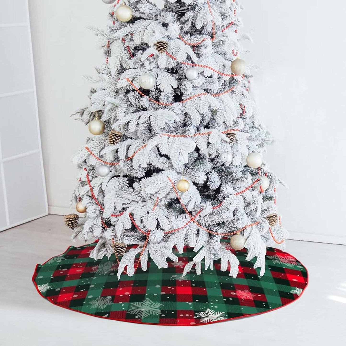 Christmas Tree Skirt Buffalo Plaid Tree Skirt Snowflake Thick Xmas Tree Skirt for Holiday Party