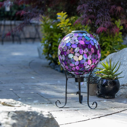 Alpine Corporation Outdoor Solar Powered Pink Glass Mosaic Gazing Globe with LED Lights and Metal