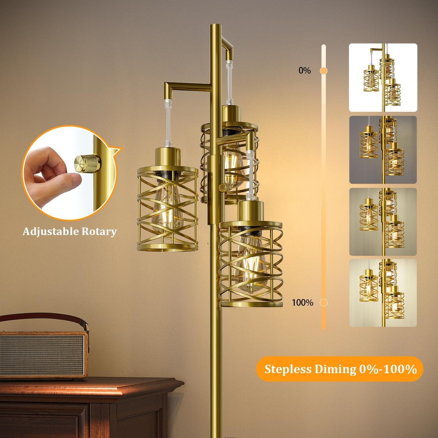 Oneach 70" Industrial Floor Lamp, Stepless Dimmable Standing Lamp with 3 Bulbs, Farmhouse Corner