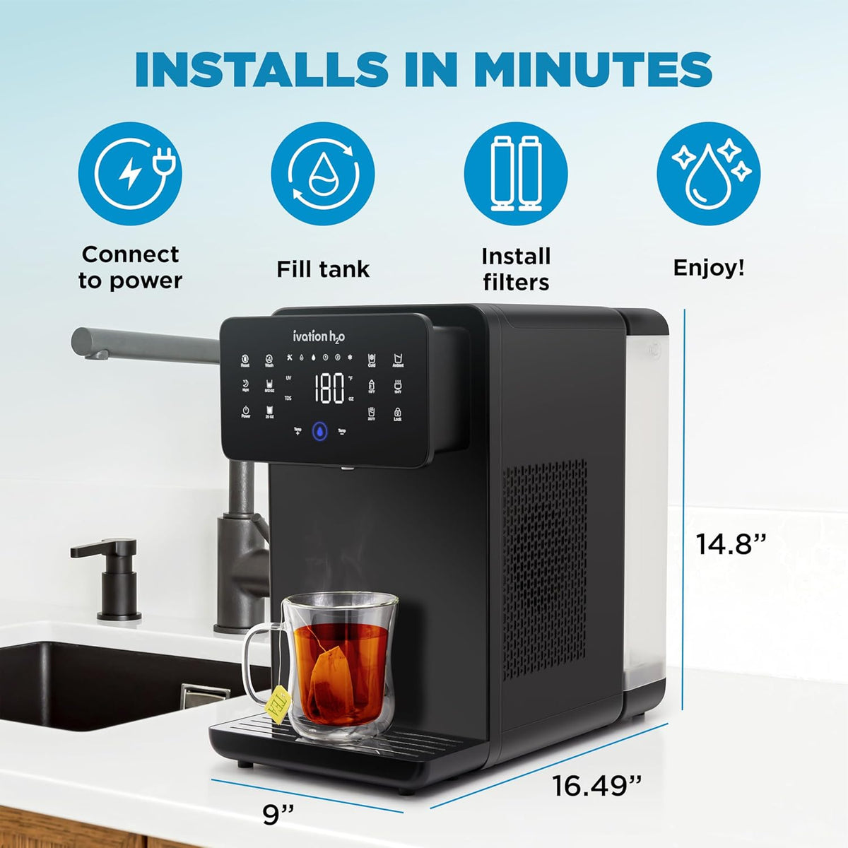 Ivation H2O Hot & Cold, Countertop Reverse Osmosis System, TDS Filter System, 4 Stage RO Water