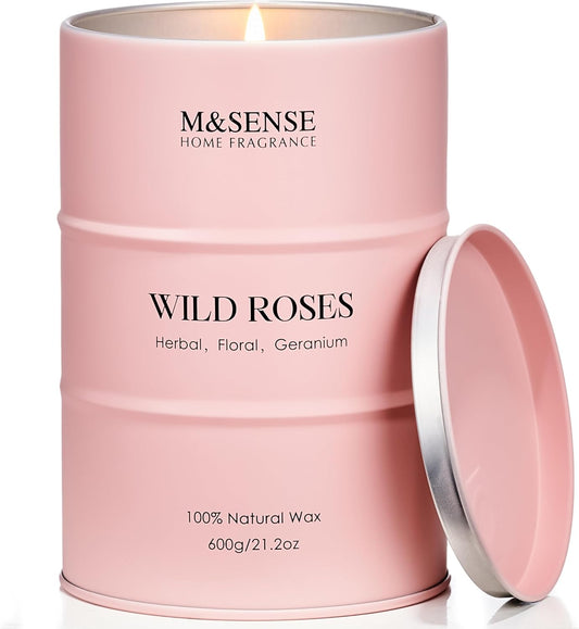 M&SENSE Wild Rose Large Natural Scented Candle, 120 Hours Long Lasting Soy Candles 21.2oz, Stress