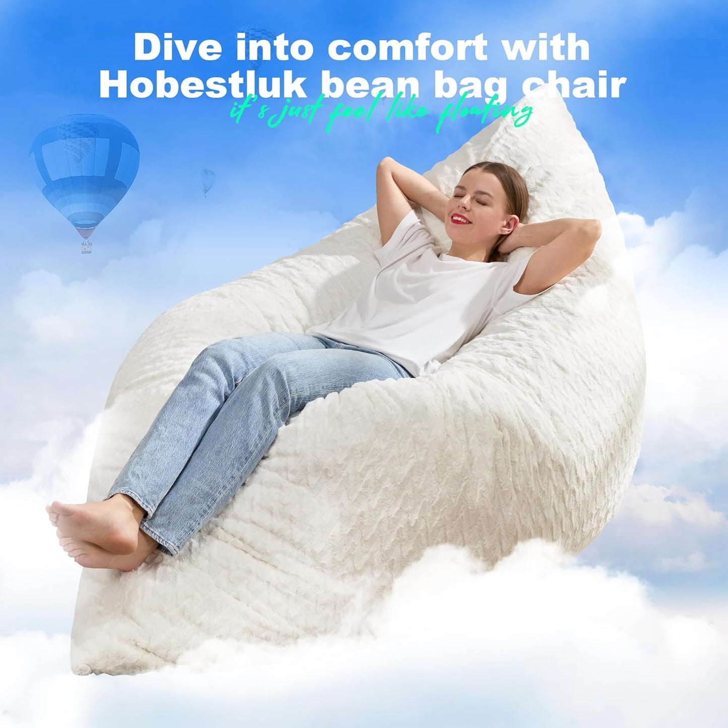 Hobestluk 3 in 1 Bean Bag Chair Giant Bean Bag Chairs for Adults with Chevron Plush Fur Cover