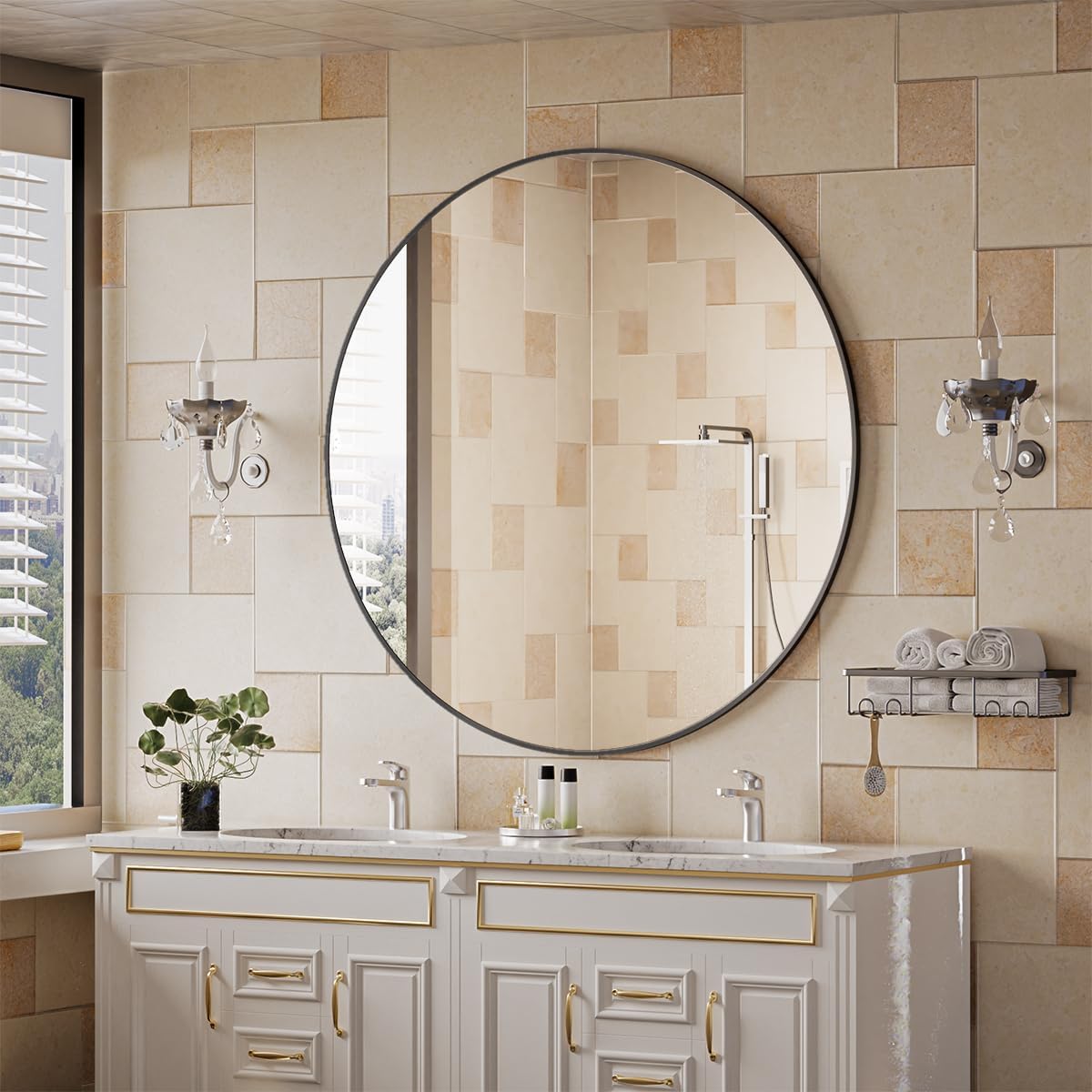 BEAUTYPEAK 42 Inch Round Mirror, Metal Frame Circle Mirror, Wall Mounted for Entryway, Bathroom