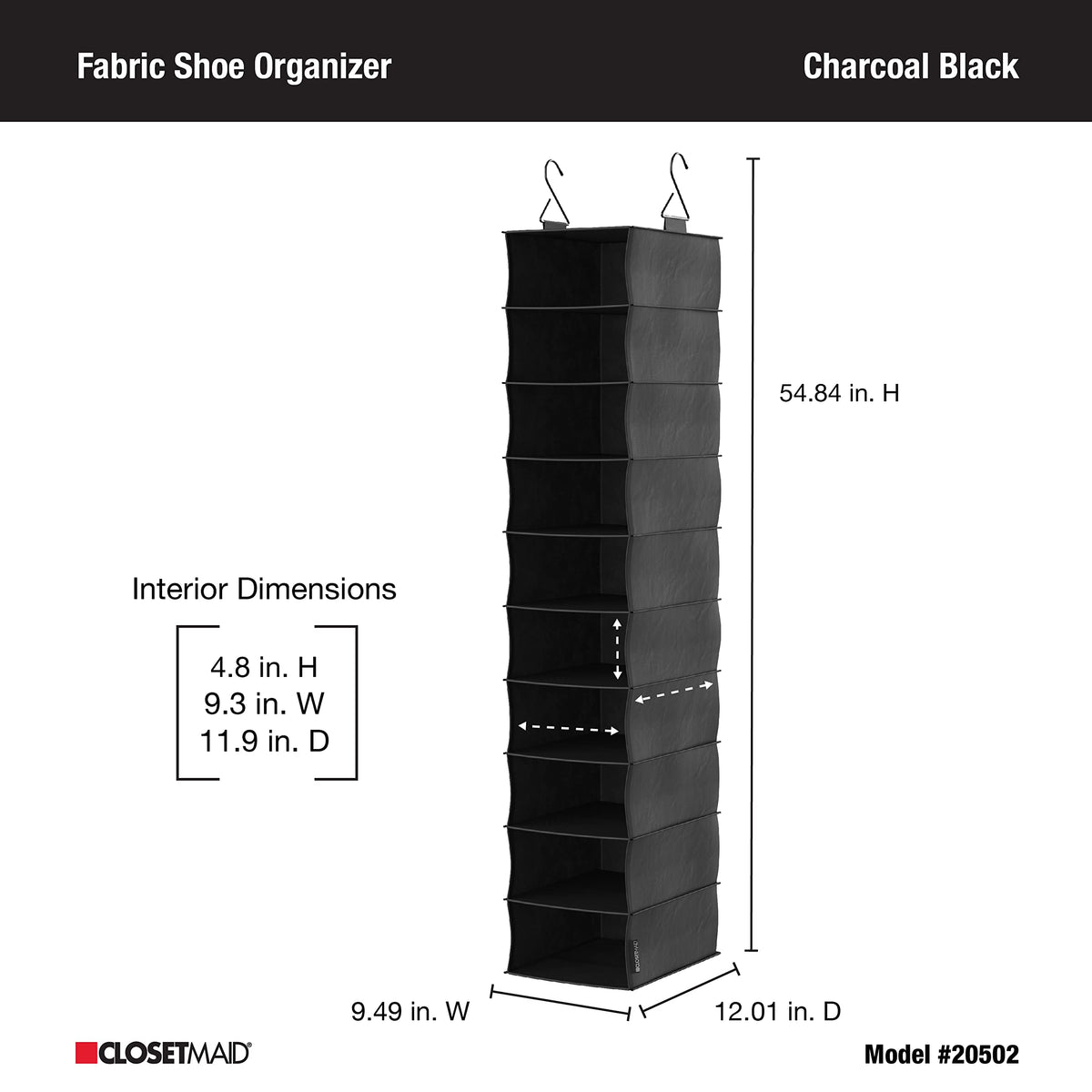 ClosetMaid 10-Shelf Fabric Hanging Shoe Storage Organizer for Closet, Charcoal Black