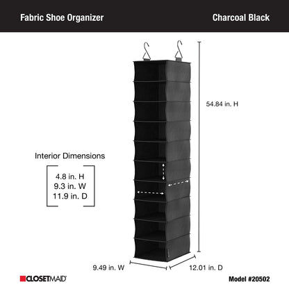 ClosetMaid 10-Shelf Fabric Hanging Shoe Storage Organizer for Closet, Charcoal Black