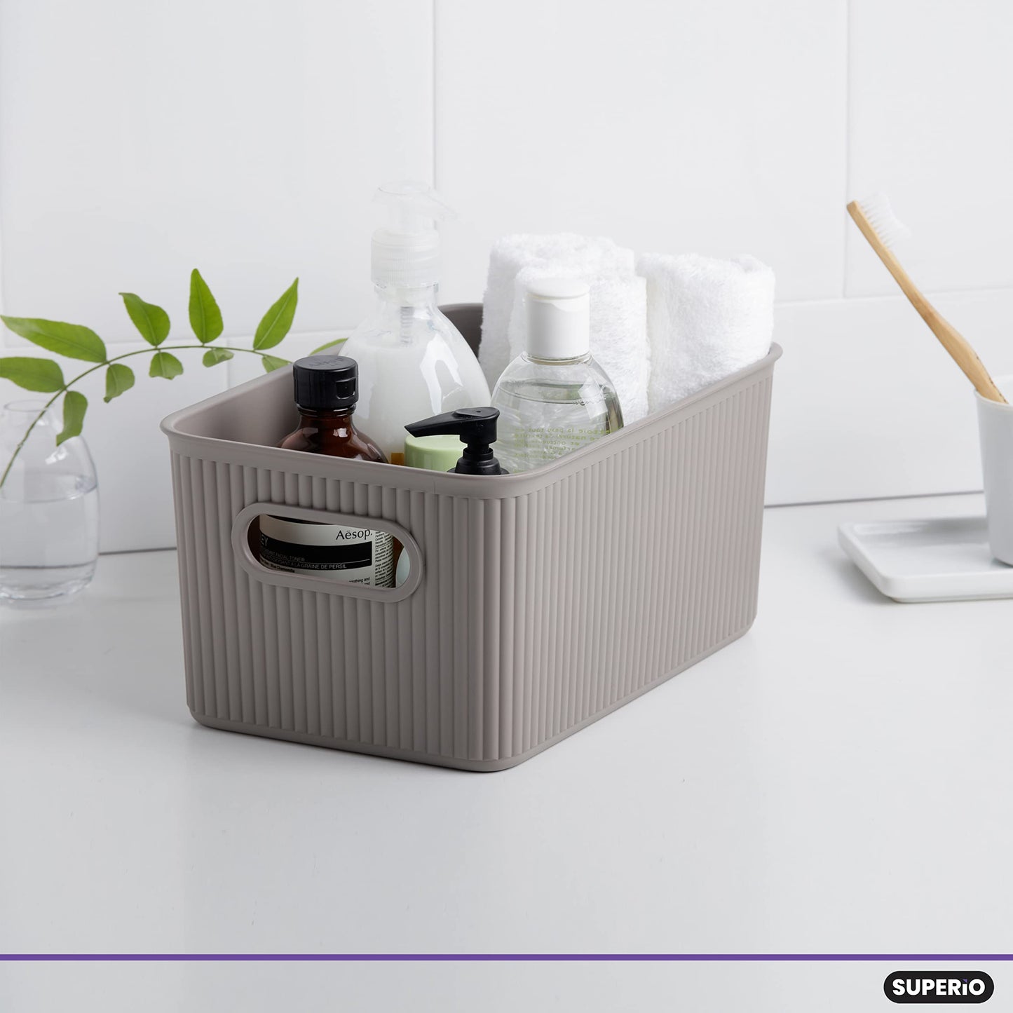 Superio Ribbed Collection - Decorative Plastic Basket Open Home Storage Bins Organizer, Medium