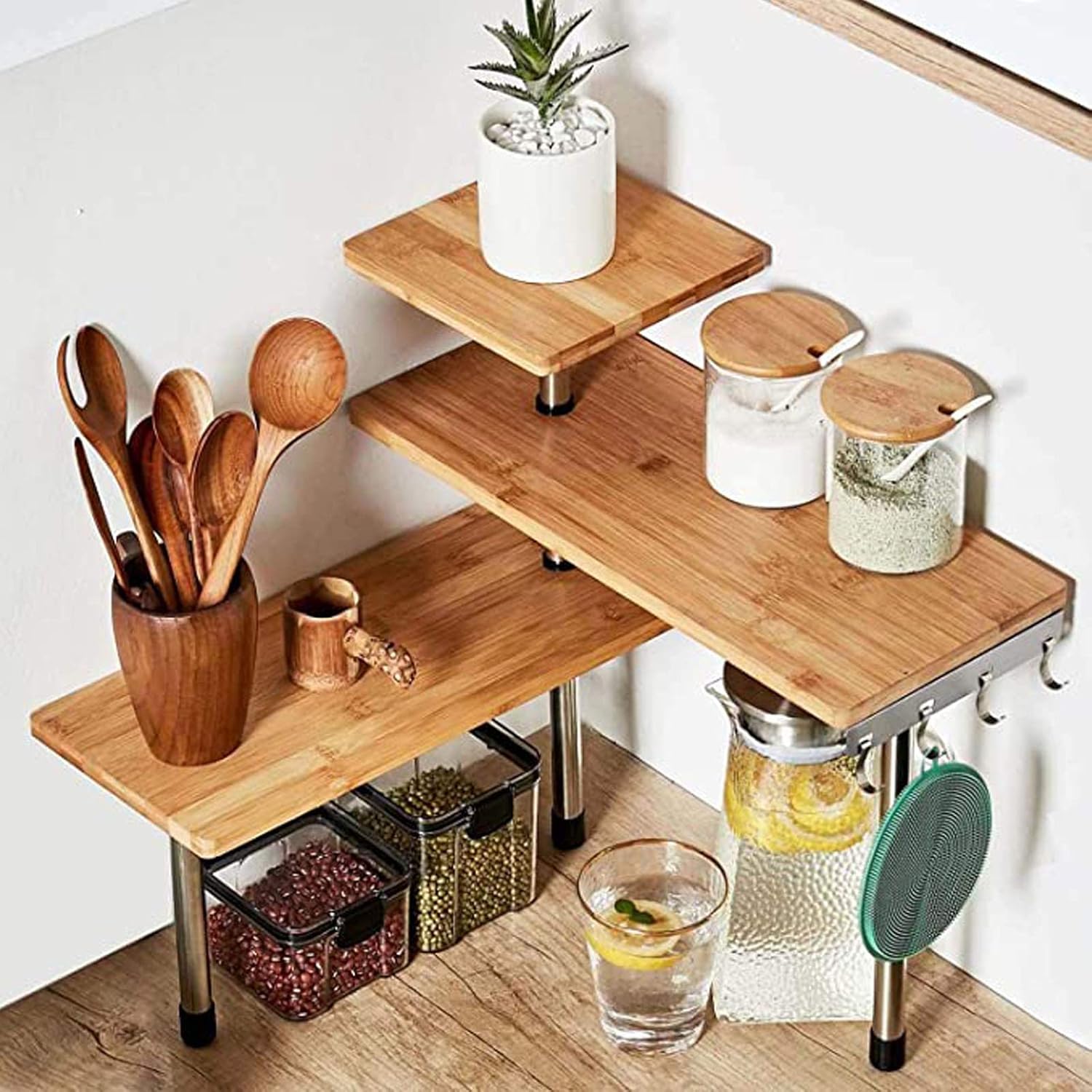 HYNAWIN Corner Shelf, 3 Tier Bamboo & Metal Storage Spice Rack-Desk, Space Saving Bookshelf with