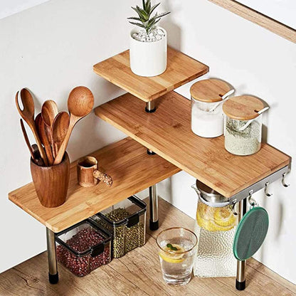 HYNAWIN Corner Shelf, 3 Tier Bamboo & Metal Storage Spice Rack-Desk, Space Saving Bookshelf with