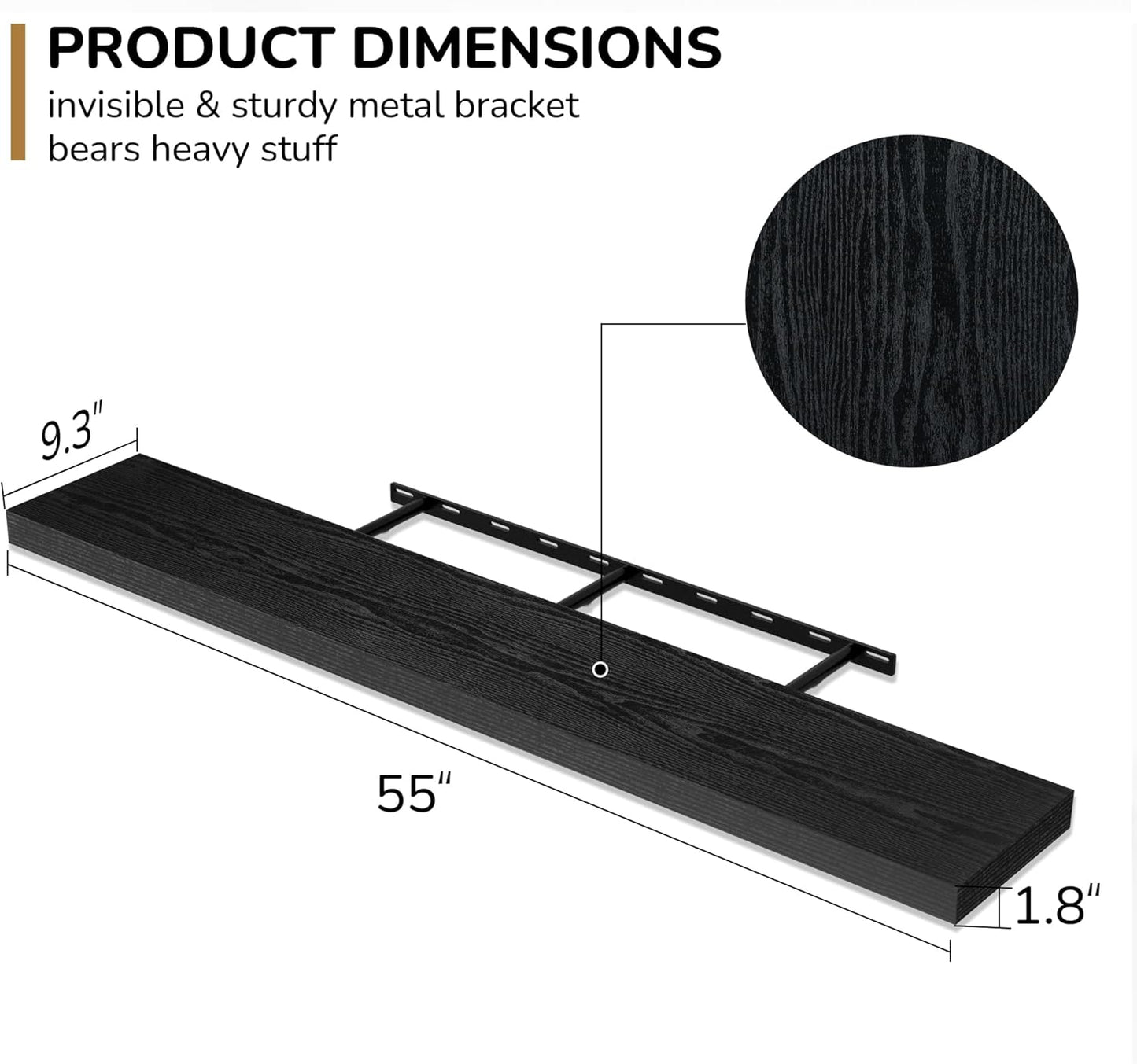 Fun Memories 55 Inch Floating Shelves - 9 Inch Deep Rustic Wooden Wall Shelves - Extra Deeper &