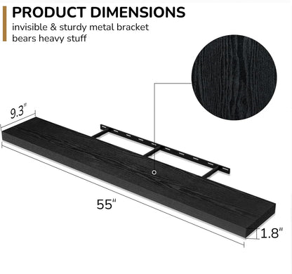 Fun Memories 55 Inch Floating Shelves - 9 Inch Deep Rustic Wooden Wall Shelves - Extra Deeper &
