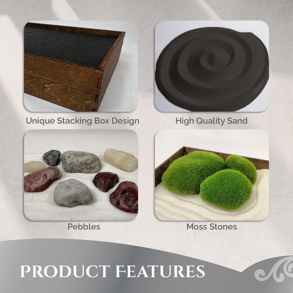 Wooden Stackable Zen Garden | Moonless Night Sand with Rake & Accessories | Minimalist Decor Gift