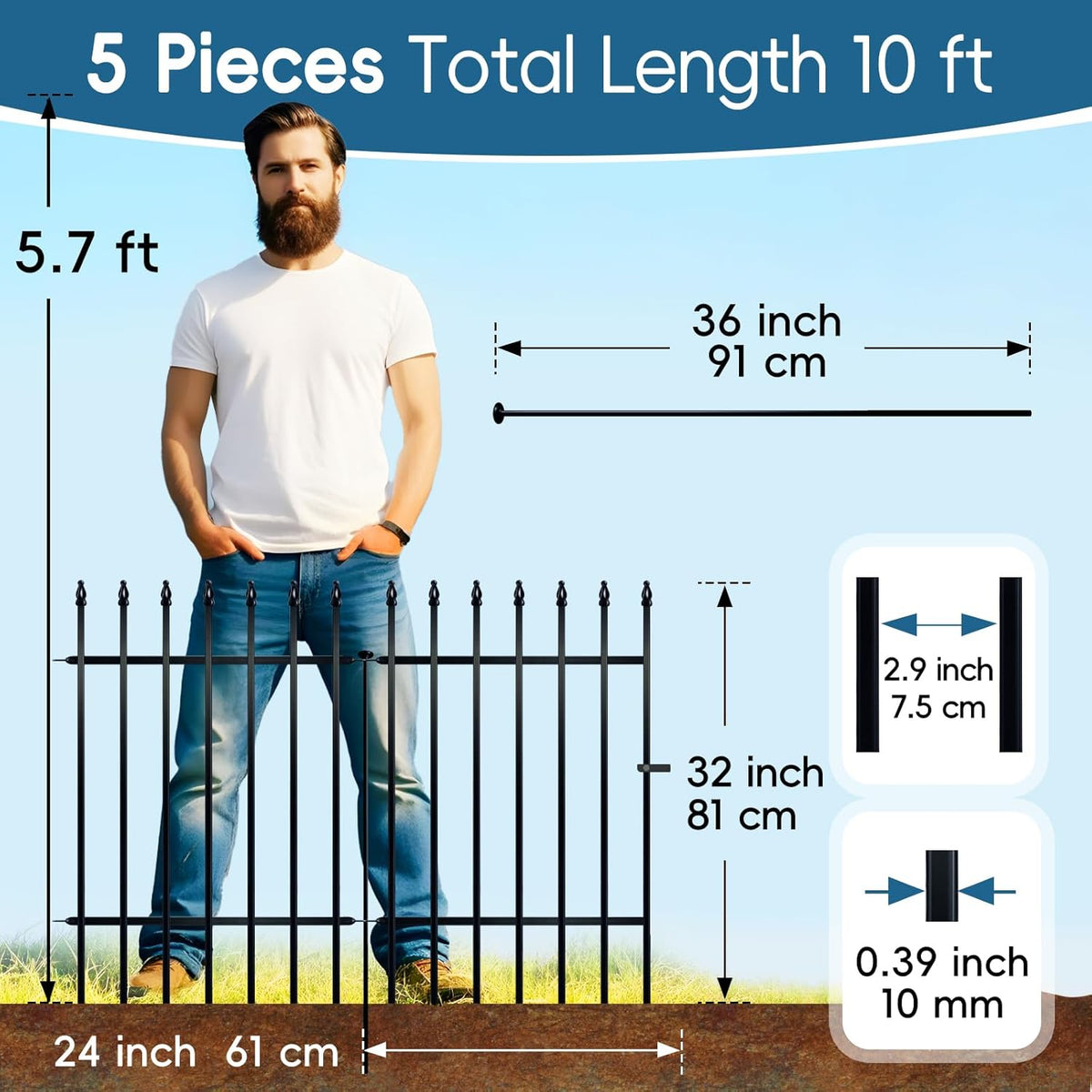 Metal Garden Fence 32 in H x 24 in W 5 Panels (4 Panels + 1 Gate) Total Length 10 ft, No Need Dig