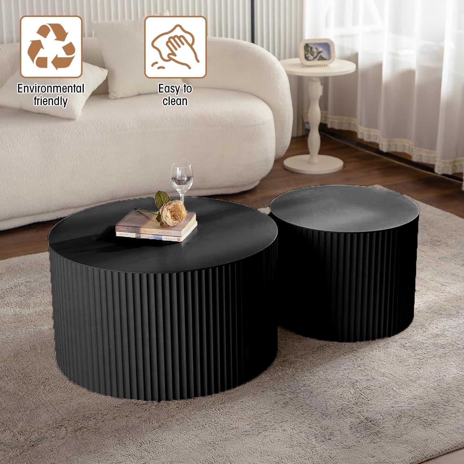Round Coffee Table Set of 2, Nesting Coffee Table and End Table Set Small Circle Drum Side Table