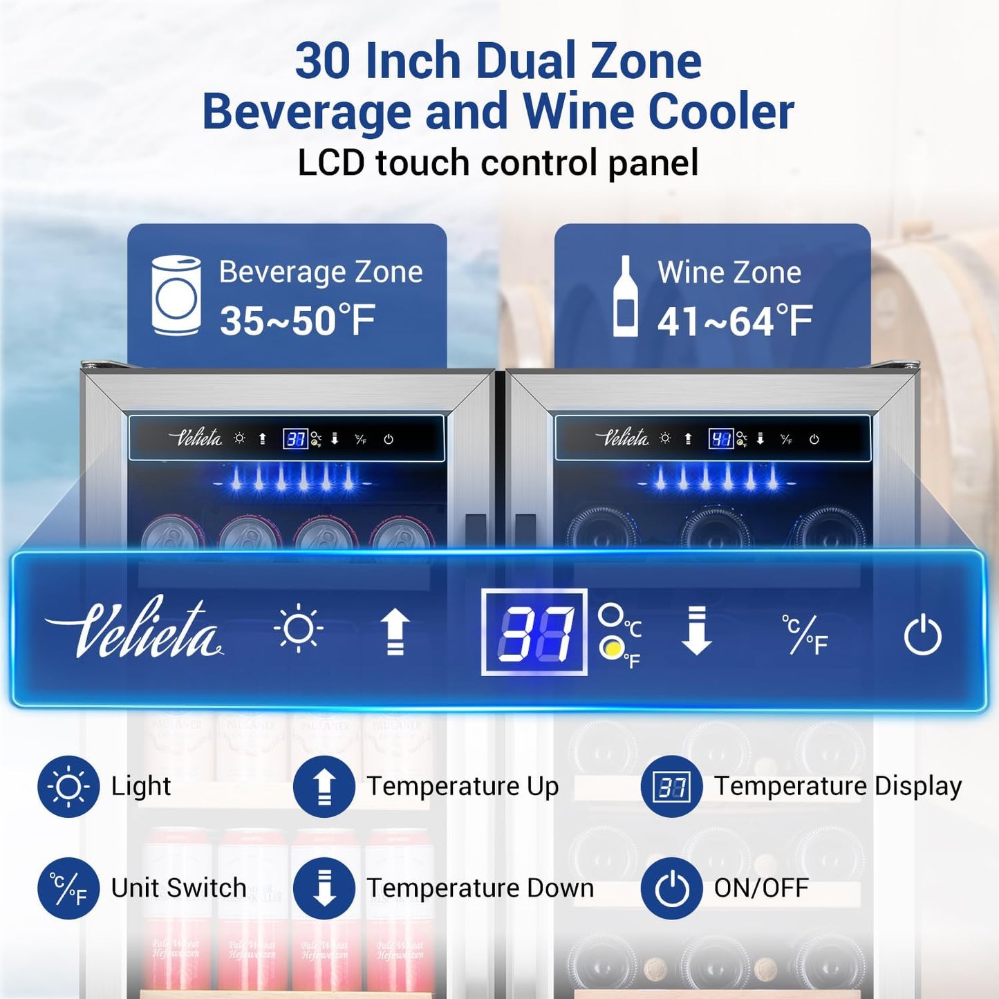 Wine and Beverage Refrigerator 30 Inch, Upgrade Dual Zone Wine Cooler, 30'' Wine beverage Fridge