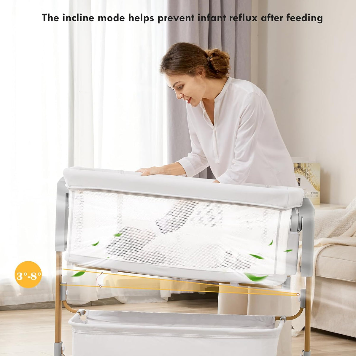 Baby Bassinet Bedside Sleeper, 3-in-1 Rocking Bassinet for Baby with 6-Level Height Adjustable, 4