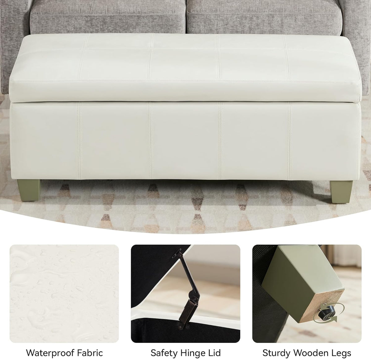 51" Faux Leather Storage Ottoman, Stitch Tufted Rectangle Upholstered End of Bed Storage Bench
