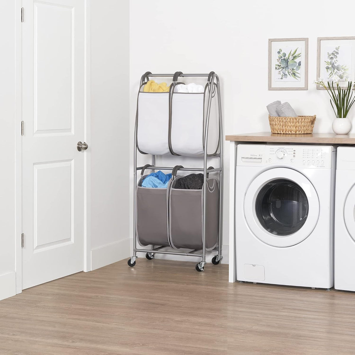 Neatfreak - 2 Tier Vertical Rolling Laundry Cart - Rolling Storage Cart On Wheels With 4 x Tote