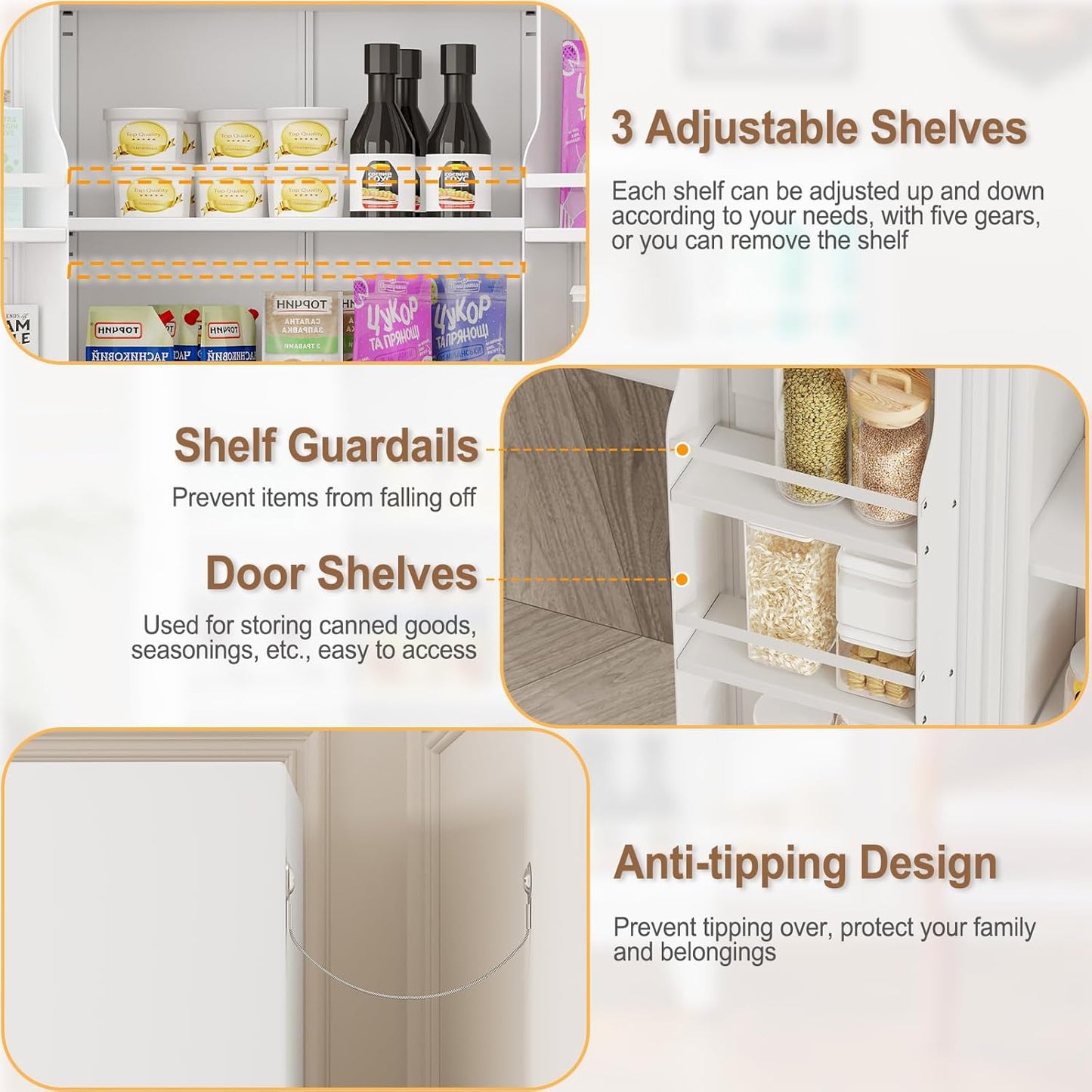 51" Metal Kitchen Pantry Cabinet, Storage Cabinets with 2 Door and 3 Adjustable Shelves, White